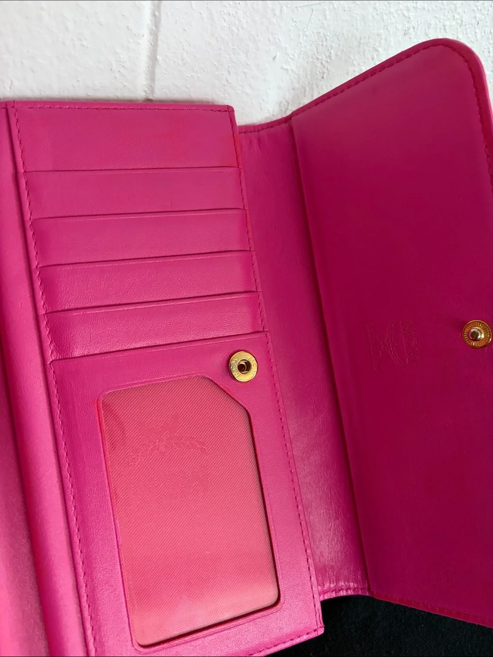 MCM Beige Logo Continental Wallet with Pink Trim and Blue-White Stripe